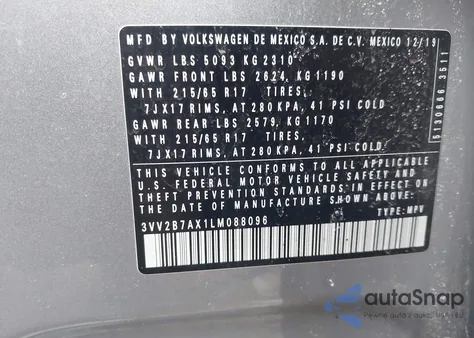 2020 Volkswagen Tiguan 2.0T Se/2.0T Se R-Line Black/2.0T Sel z USA, uszkodzony, nr VIN 3VV2B7AX1LM088096